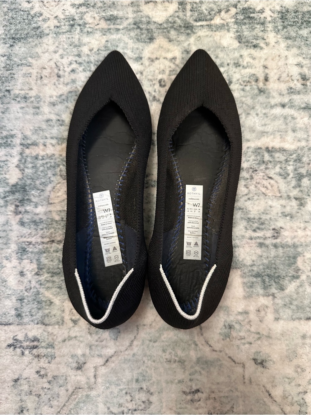 Rothy's Black Pointed Knit Ballet Flats with White Trim